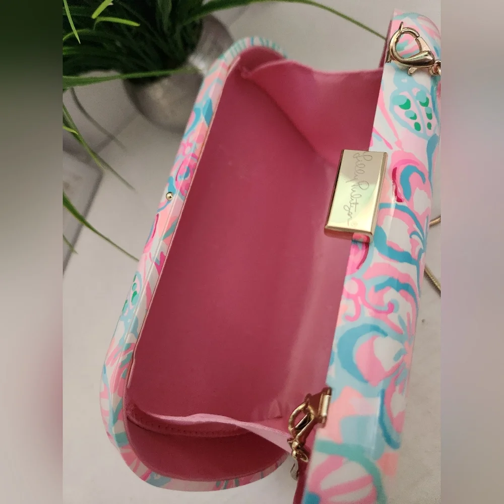 Lilly Pulitzer Hardshell Clutch Floral Pastel Crossbody Bag with Gold Chain